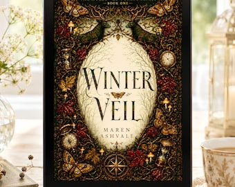 May include: A black Kindle e-reader displaying the book cover for Winter Veil by Maren Ashvale. The cover features an ornate, dark forest frame with deer, butterflies, mushrooms, hourglasses, and compasses surrounding a central cream oval.