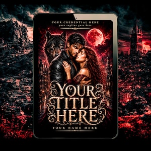 May include: A digital book cover template featuring a man and woman embracing in front of a large red moon and a dark gothic castle. A wolf stands behind the man. The text reads YOUR CREDENTIAL HERE, your tagline goes here, YOUR TITLE HERE, YOUR NAME HERE.