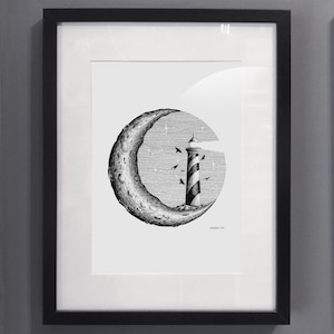To the moon and... ,Lighthouse Illustration, Pen and Ink drawing, Print out copy