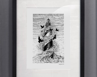 Lighthouse pen drawing series "In waves", print out copy