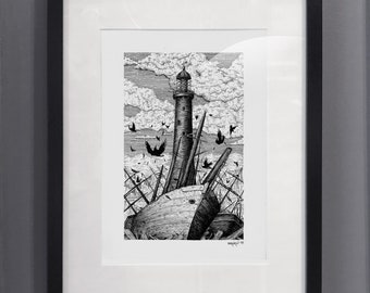 And then there were none, Lighthouse drawing series, pen and ink drawing, print