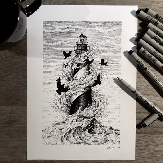 Illustration Pen And Ink Waves Sea Waves Watercolor And Ink Pen