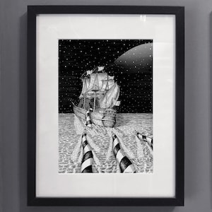 At Night, The ship and Lighthouses, Illustration, Pen and Ink drawing, print out copy