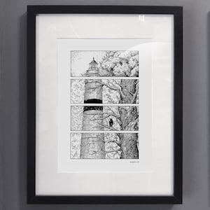 The Lighthouse And Seasons Illustration, Pen and Ink style, Print out, Premium Matte vertical posters