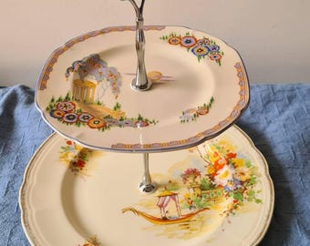Présentoir à gateau en vaisselle vintage style cottagecore pour teatime à 2 étages