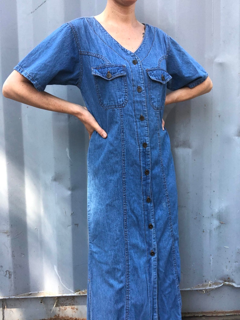 Grunge Girl Half Sleeve Square Pocket Button Up 1990s Streetwear Riot Grrrl Punk Rock Modern Boho Jean Denim Maxi Dress