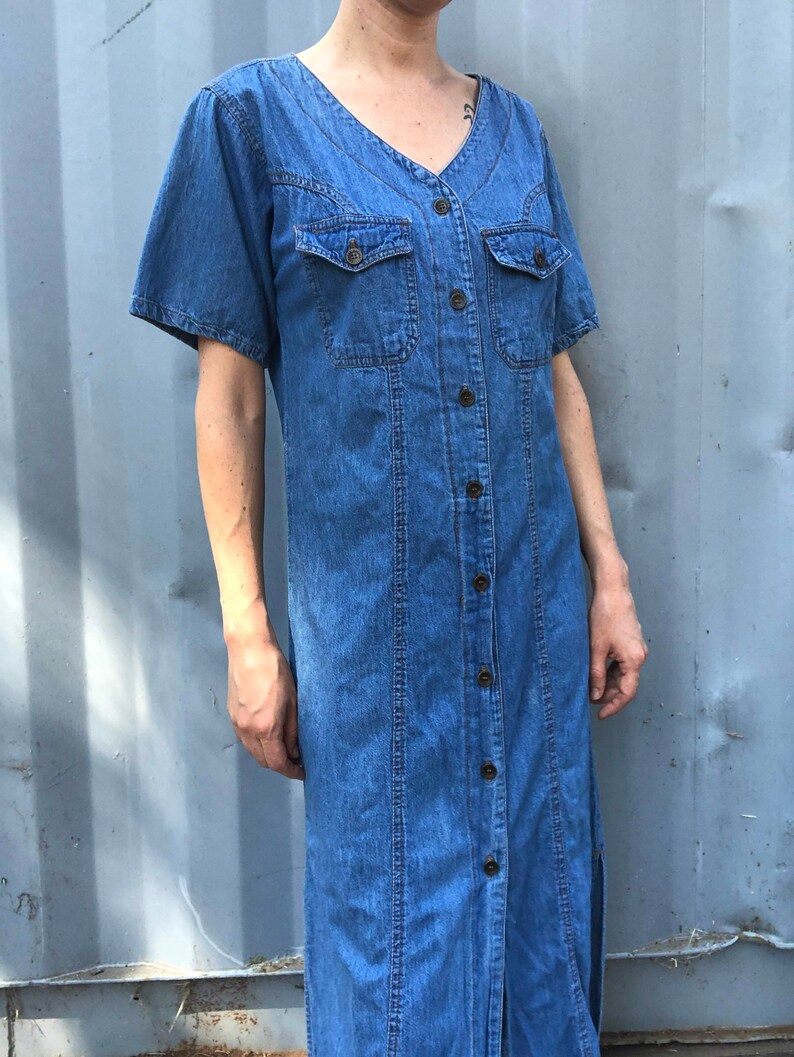 Grunge Girl Half Sleeve Square Pocket Button Up 1990s Streetwear Riot Grrrl Punk Rock Modern Boho Jean Denim Maxi Dress