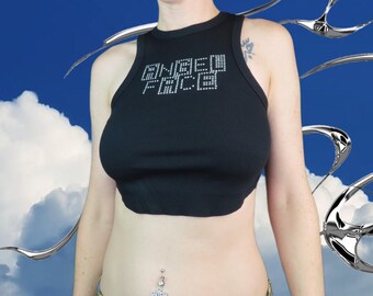 Y2K Rhinestone Angel Face Crop Top