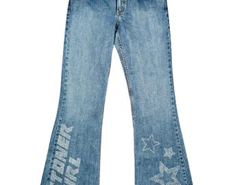 420 Princess Vintage Y2K Juicy Couture Jeans de tiro bajo y corte bota con diseño de pedrería plateada