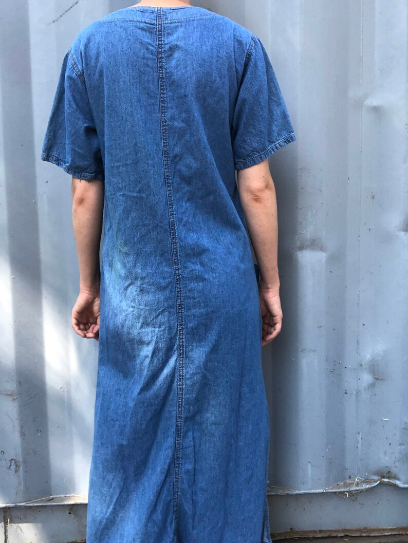 Grunge Girl Half Sleeve Square Pocket Button Up 1990s Streetwear Riot Grrrl Punk Rock Modern Boho Jean Denim Maxi Dress