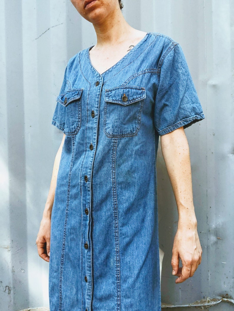 Grunge Girl Half Sleeve Square Pocket Button Up 1990s Streetwear Riot Grrrl Punk Rock Modern Boho Jean Denim Maxi Dress
