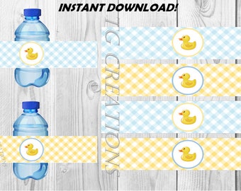 Blue and Yellow Rubber Ducky Baby Shower Water Bottle Labels, Rubber Duck Theme, Water Bottle Labels, Instant Download