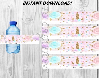 May include: Four printable water bottle labels featuring a unicorn with a gold horn, pink and blue flowers, and gold stars on a pink background. The text "INSTANT DOWNLOAD!" is at the top of the image.