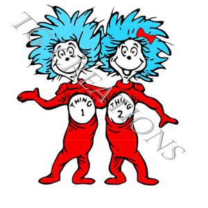 May include: Two red Thing 1 and Thing 2 characters from the book 'The Cat in the Hat' with blue hair and red and white outfits.