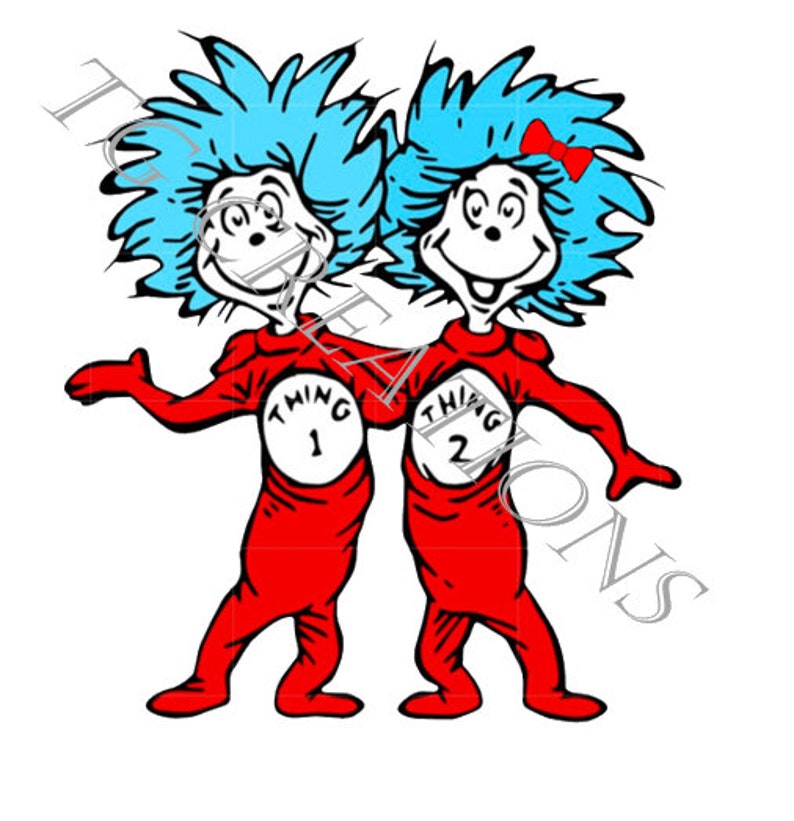 May include: Two red Thing 1 and Thing 2 characters from the book 'The Cat in the Hat' with blue hair and red and white outfits.