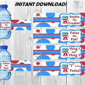 BOY/GIRL Twins - Thing 1 Thing 2, Boy/Girl Twins, Dr Suess, Baby Shower, Water Bottle Labels, Instant Download, DIY, Printables