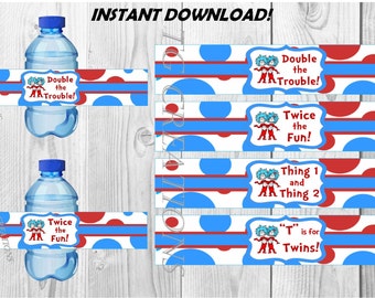 BOY/GIRL Twins - Thing 1 Thing 2, Boy/Girl Twins, Dr Suess, Baby Shower, Water Bottle Labels, Instant Download, DIY, Printables