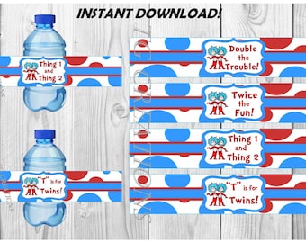 BOYS - Thing 1 Thing 2, Boys, Dr Suess, Baby Shower, Twin Boys, Water Bottle Labels, Instant Download, DIY, Printables