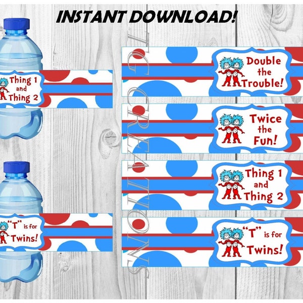 BOYS - Thing 1 Thing 2, Boys, Dr Suess, Baby Shower, Twin Boys, Water Bottle Labels, Instant Download, DIY, Printables
