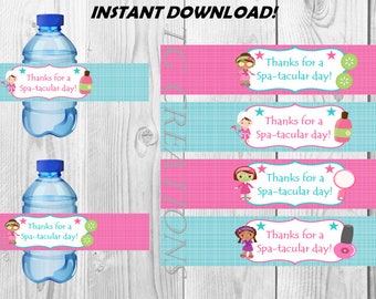 Girls Spa Party Water Bottle Label, Instant Download, Pamper Party
