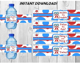 GIRLS - Thing 1 Thing 2, Girls, Dr Suess, Baby Shower, Twin Girls, Water Bottle Labels, Instant Download, DIY, Printables