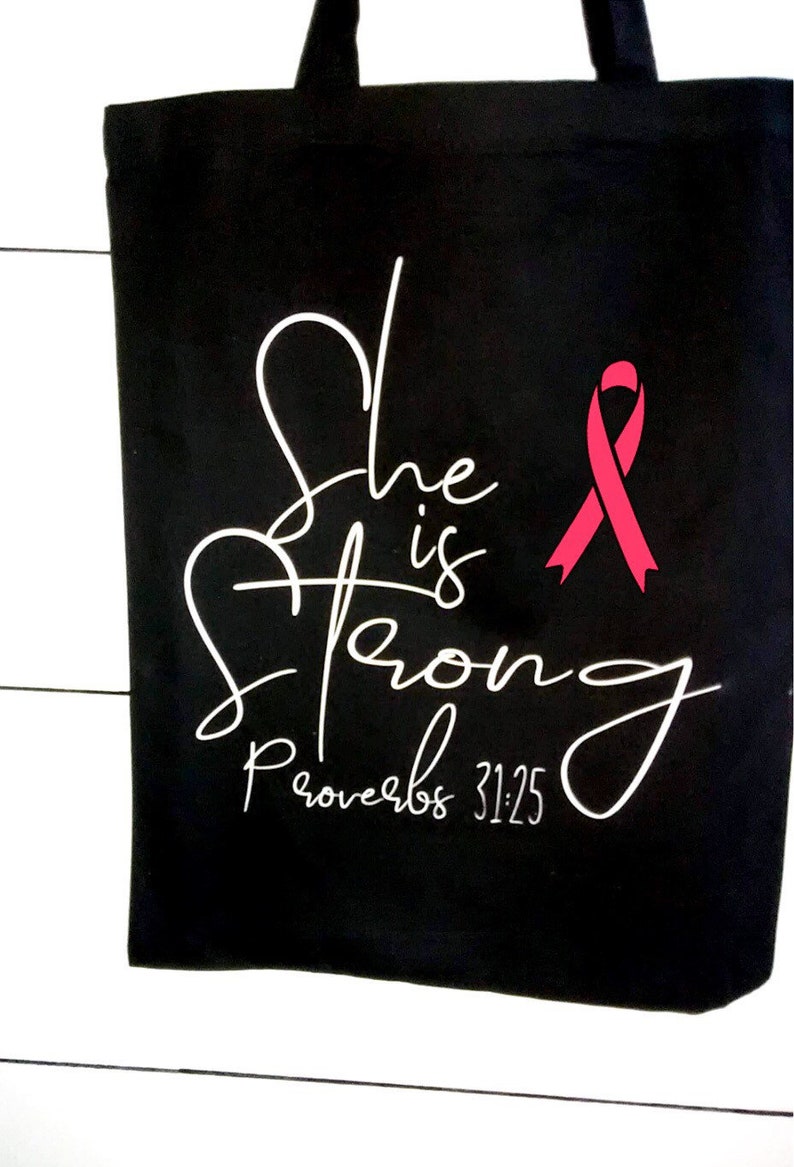 Cancer Survivor Gift Ideas Support Gifts for her Bible Verse gift Cancer Inspirational Tote She is Strong Breast Cancer Awareness Bag