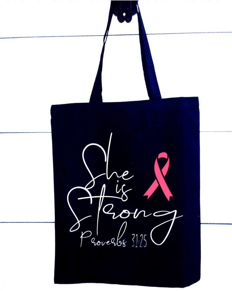 Cancer Survivor Gift Ideas Support Gifts for her Bible Verse gift Cancer Inspirational Tote She is Strong Breast Cancer Awareness Bag