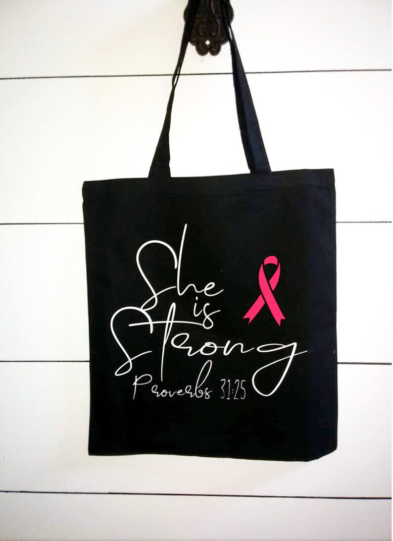 Cancer Survivor Gift Ideas Support Gifts for her Bible Verse gift Cancer Inspirational Tote She is Strong Breast Cancer Awareness Bag