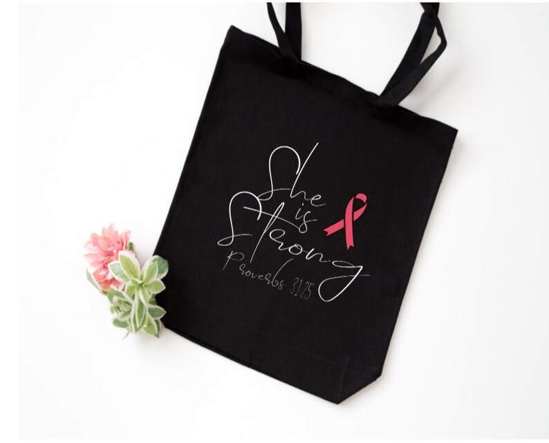 Cancer Survivor Gift Ideas Support Gifts for her Bible Verse gift Cancer Inspirational Tote She is Strong Breast Cancer Awareness Bag