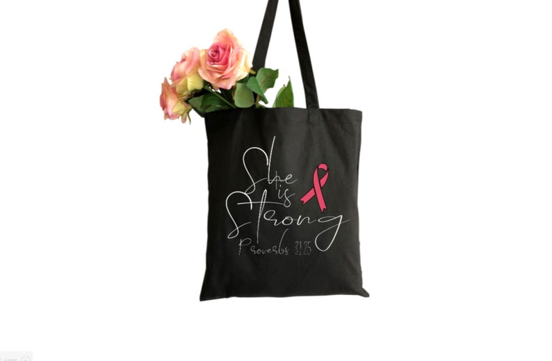 Cancer Survivor Gift Ideas Support Gifts for her Bible Verse gift Cancer Inspirational Tote She is Strong Breast Cancer Awareness Bag