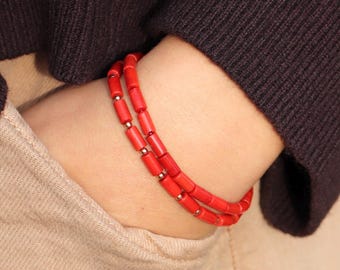 Echtes rotes Korallen Armband, 14k Gold Filled Perlen Armband, mediterranes Korallen Armband für Frauen