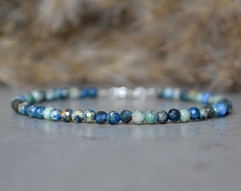 Azurite bracelet - bracelet femme, Genuine Azurite jewelry, 3mm bead bracelet, sterling silver, Blue Azurite bracelet, green crystal jewelry