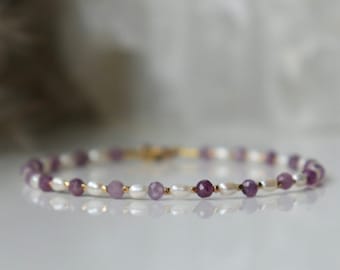 Genuine Ruby bracelet with Freshwater Pearl, July birthstone bracelet, bracelet femme 3mm