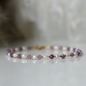 Bracelet rubis véritable avec perle d'eau douce, bracelet juillet pierre de naissance, bracelet femme 3 mm