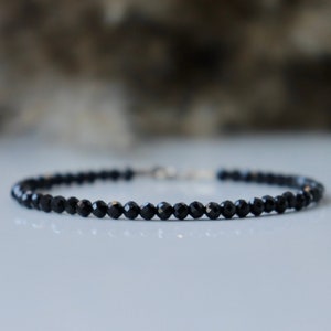 Black Tourmaline bracelet - bracelet femme, Genuine Tourmaline jewelry, delicate 3mm bracelet, Black gemstone bracelet, womens bracelet