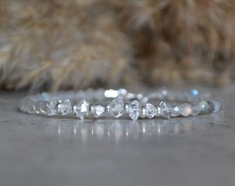 Bracciale con diamanti Herkimer, labradorite e argento sterling, bracciale da donna, pietra portafortuna di aprile, gioiello con diamanti Herkimer grezzi, regalo di Natale