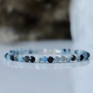 Genuine Aquamarine bracelet with Black Tourmaline, bracelet femme, Black Tourmaline jewelry, delicate gemstone bracelet 3mm, womens bracelet