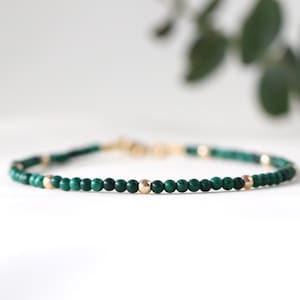 Real Malachite bracelet with 14k gold filled beads, green crystal bracelet 2mm