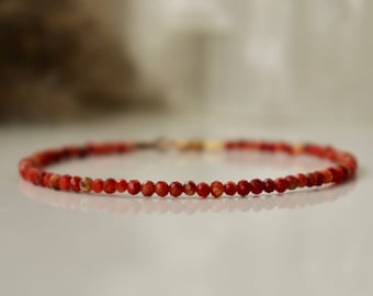 Pulsera de coral genuino de 3 mm, coral rojo con reflejos anaranjados, pulsera de coral pequeño, pulsera de piedras preciosas, pulsera de coral genuino para mujer