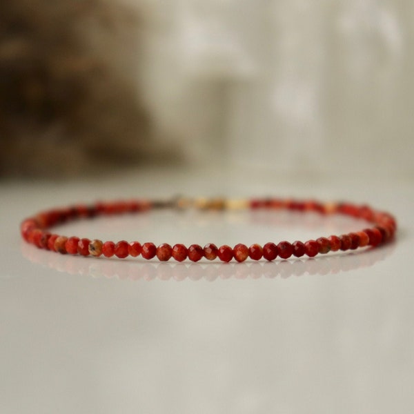 Genuine Coral bracelet 3mm, Red Coral with orange hues, tiny coral bracelet, gemstone bracelet, Genuine Coral womens bracelet