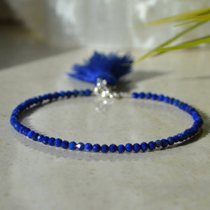 Genuine Lapis lazuli bracelet - bracelet femme, navy stone skinny bracelet with tassel, mini tassel bracelet, 2mm blue gemstone bracelet
