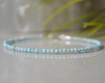 Pulsera de Larimar del Caribe, pulsera de mujer, joyería genuina de Larimar, pulsera de cristal verde azulado de 3 mm en plata de ley, regalo para ella