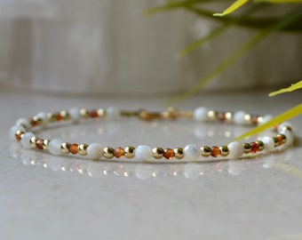 Mother of Pearl bracelet with Hessonite Garnet and Gold Hematite, Orange Garnet jewelry, womens bracelet femme 3mm, Ivory Shell bracelet