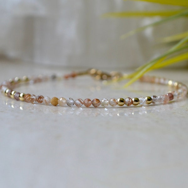 Gold Hair Quartz bracelet with Gold Hematite - bracelet femme, Dainty orange brown gemstone jewelry, delicate 2mm beaded womens bracelet