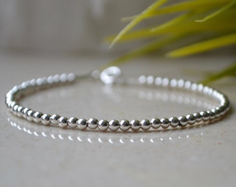 Delicate silver beaded bracelet - bracelet femme, dainty hematite bracelet 925 sterling silver clasp, small 2mm mens gemstone bracelet
