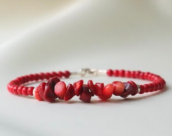 Raw Coral bracelet, Genuine Italian Coral jewelry, red boho bracelet with sterling silver, gemstone bracelet, gift for her