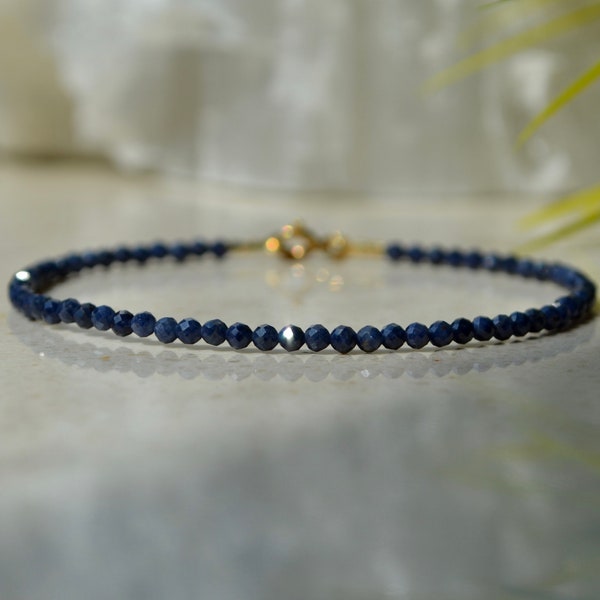 Dark blue Sapphire bracelet - Genuine Sapphire bracelet femme, skinny dark blue sparkling bracelet, minimalist jewelry, September birthstone