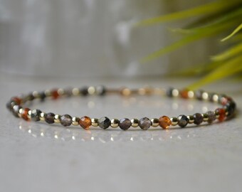 Orange Granat Armband mit rohem Pyrit, Rauchquarz & goldenem Hämatit, Armband mit braunen Edelsteinen - Erdfarbener Schmuck, Erdungsarmband