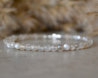 Grått månstensarmband, äkta månstenssmycken, 925 sterlingsilver, grått månstensarmband 4 mm, present till kvinnor, födelsesten i juni