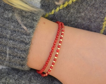Pulsera de coral genuino de 3 mm, pulsera para mujer, pulsera bohemia roja con hematita dorada, pulsera de coral diminuto, pulsera de piedras preciosas